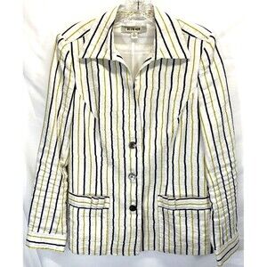 Blue Ice Women's Size 8 Blazer White Black Yellow Stripe Crinkled Linen Button